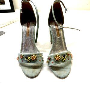Denim block heel bejeweled strap.  Adorable. Ankle strap. Size 8.5